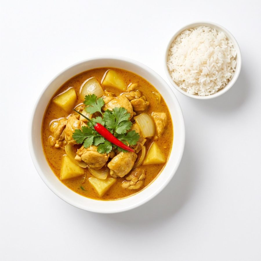 Gele curry met kip, met een schaaltje rijst